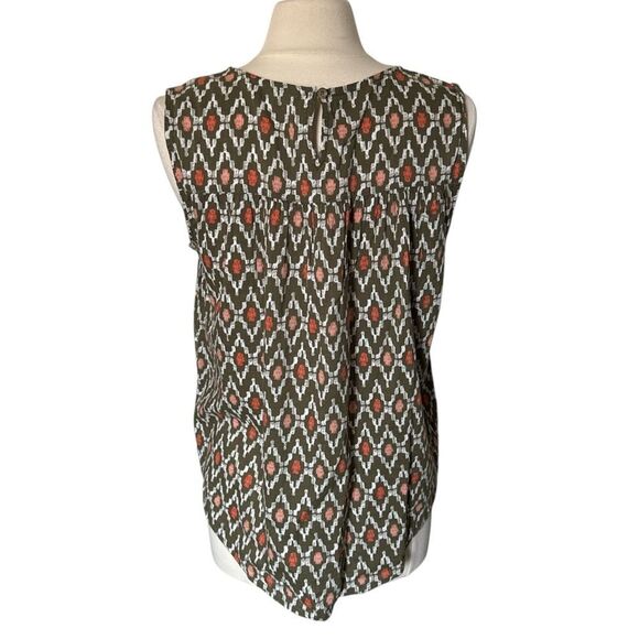 Sonoma Sleeveless Boho Blouse  Olive‎ Green White Coral Geometric Print Sz Large - Picture 2 of 6